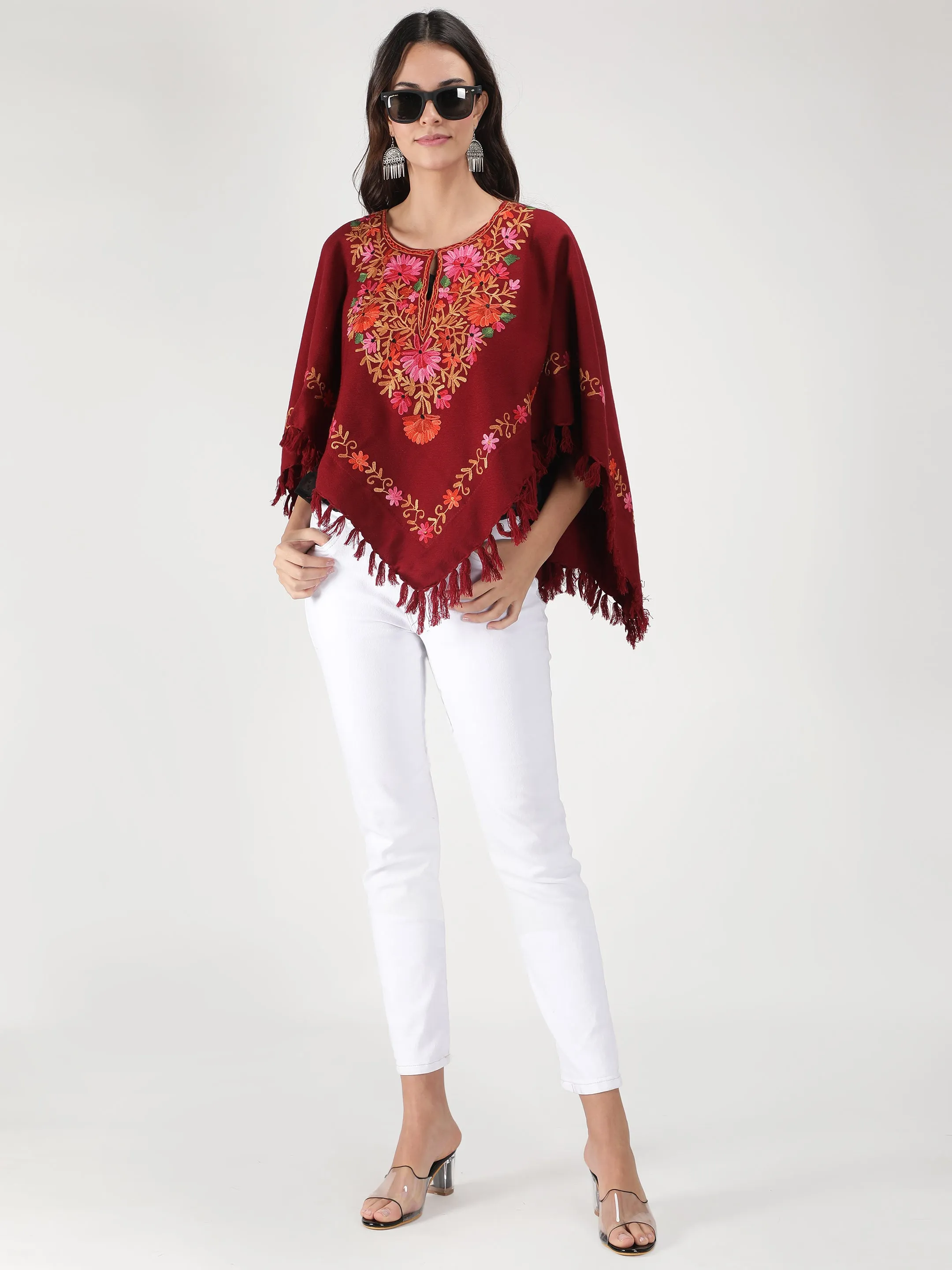 Woolen Poncho with Kashmiri Embroidery and Silk Lining | Maroon