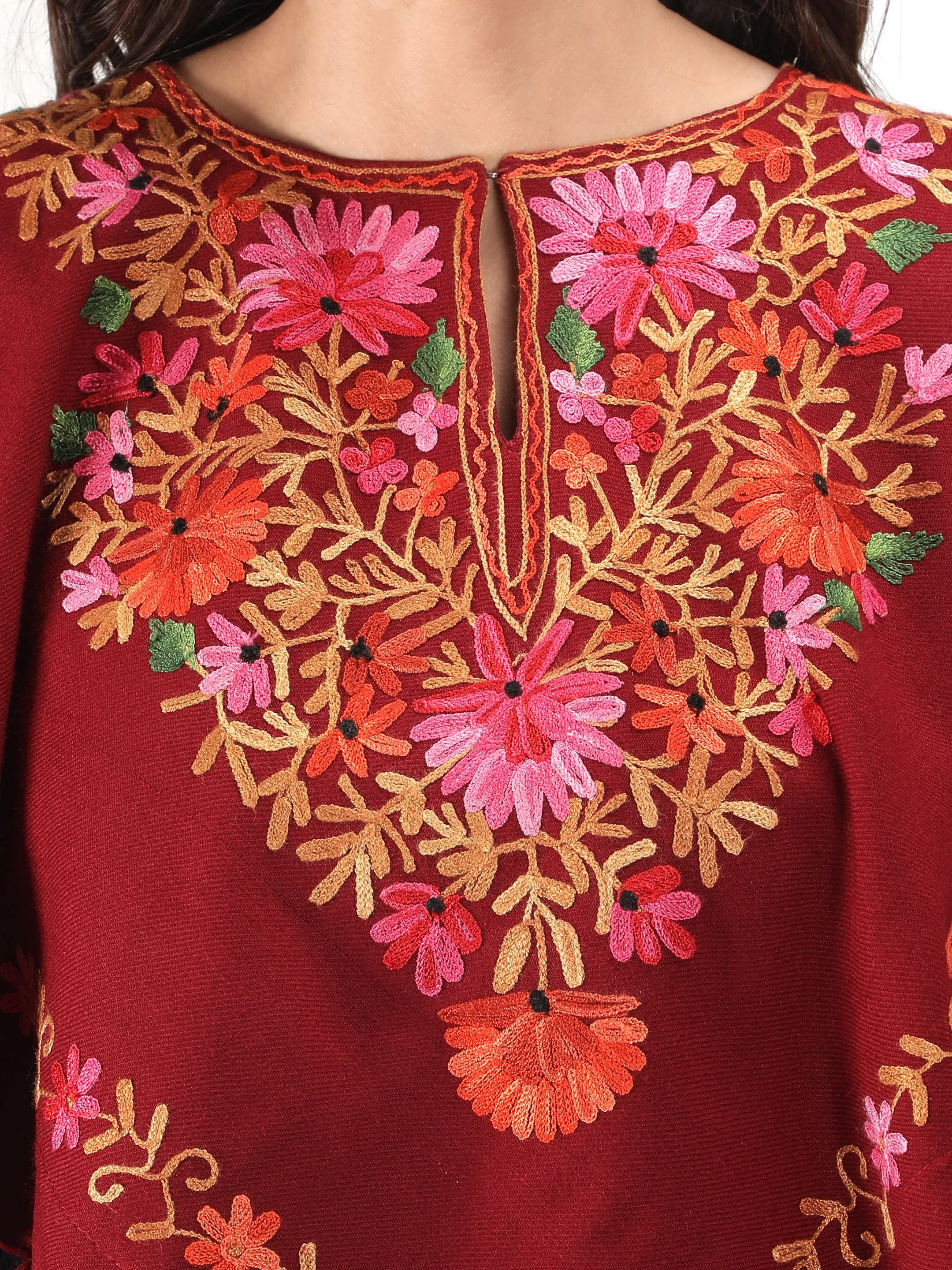 Woolen Poncho with Kashmiri Embroidery and Silk Lining | Maroon