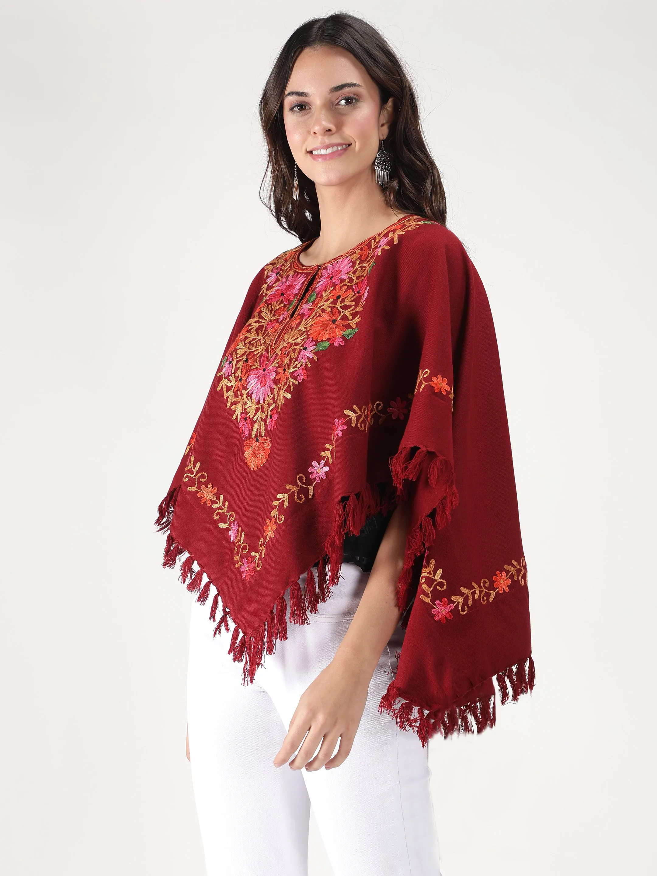 Woolen Poncho with Kashmiri Embroidery and Silk Lining | Maroon