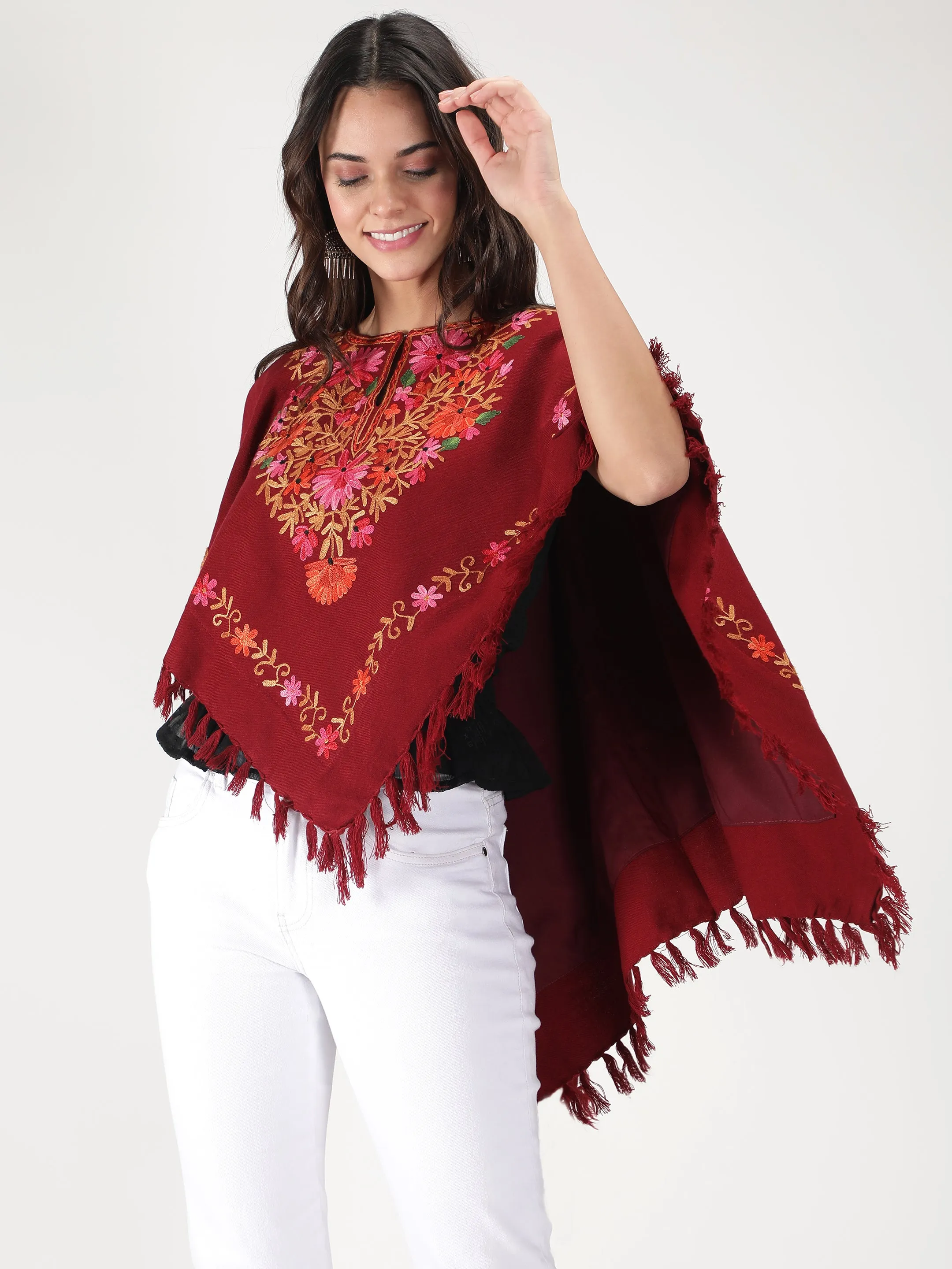 Woolen Poncho with Kashmiri Embroidery and Silk Lining | Maroon