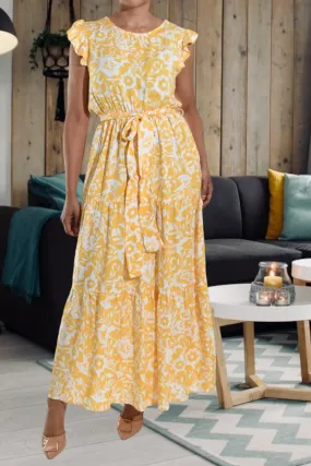 Yellow Floral Ruffle Tie Dress