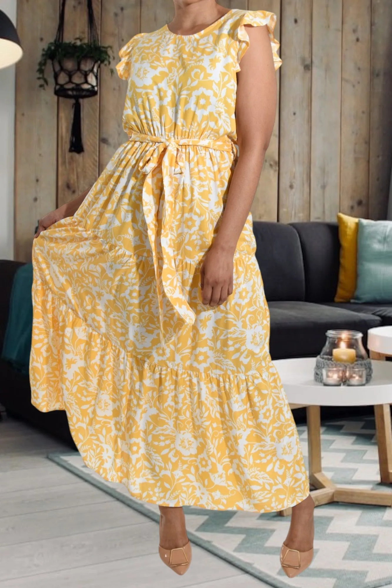 Yellow Floral Ruffle Tie Dress