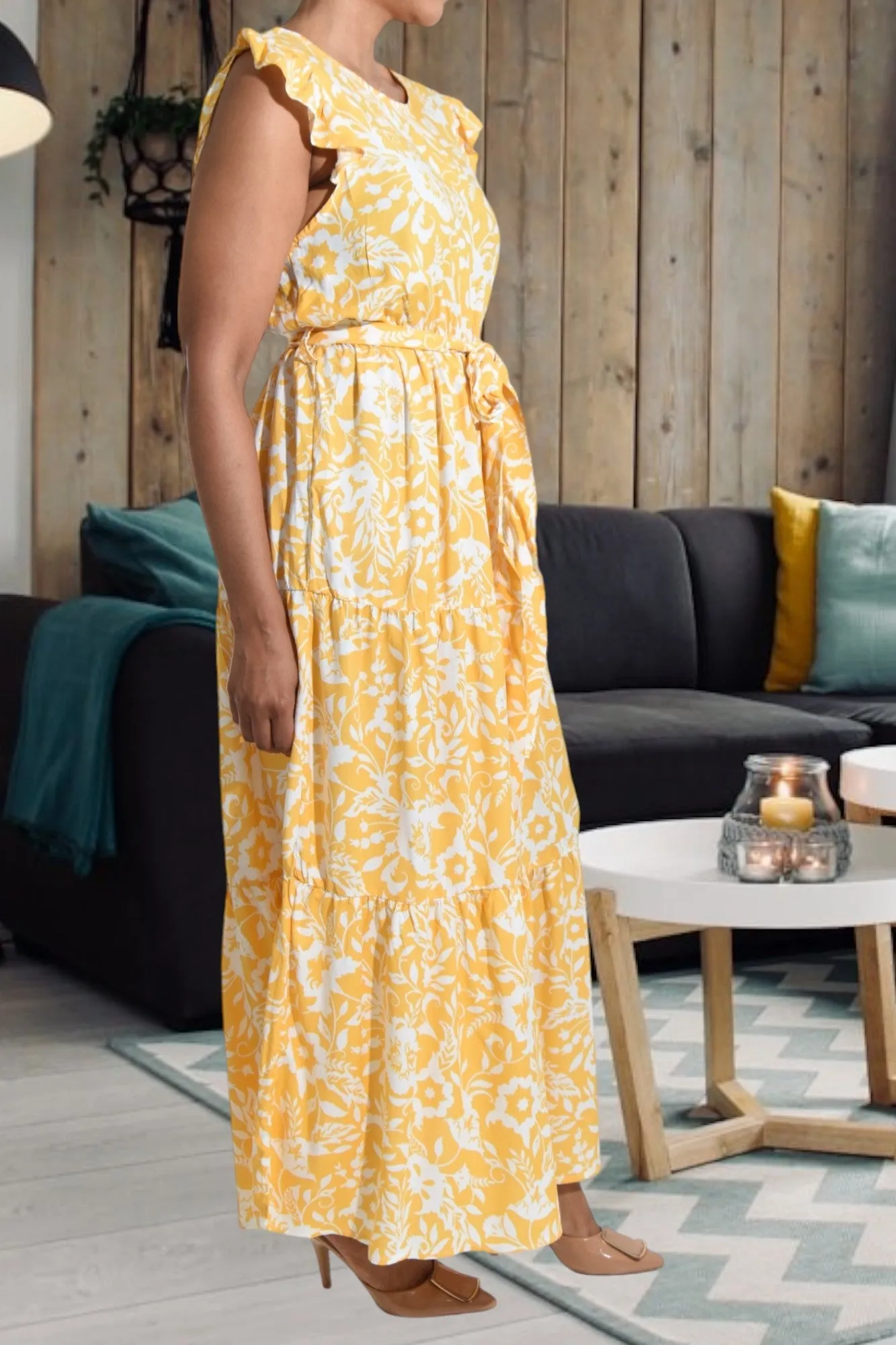 Yellow Floral Ruffle Tie Dress