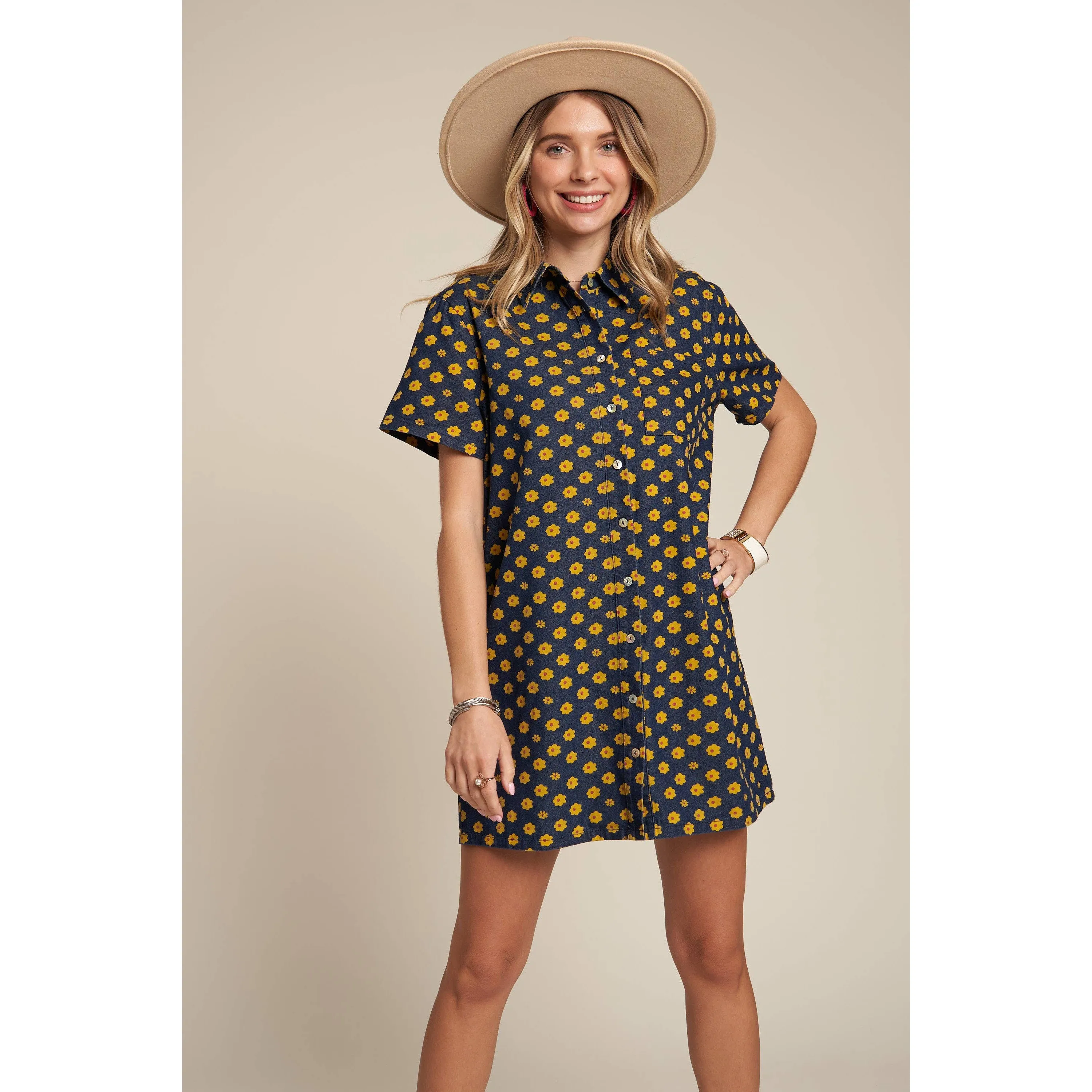 Yellow Flowers Button Down Denim Shirt Dress | Fashion Mini Dress [Available in SM,M]